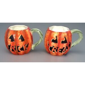 Susan Winget‎ Halloween Jack O Lantern Pumpkin Ceramic Mugs Set Trick Treat